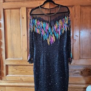 Vintage Elegant Beaded Black Dress with Vibrant Sequin Design & Long Sleeves